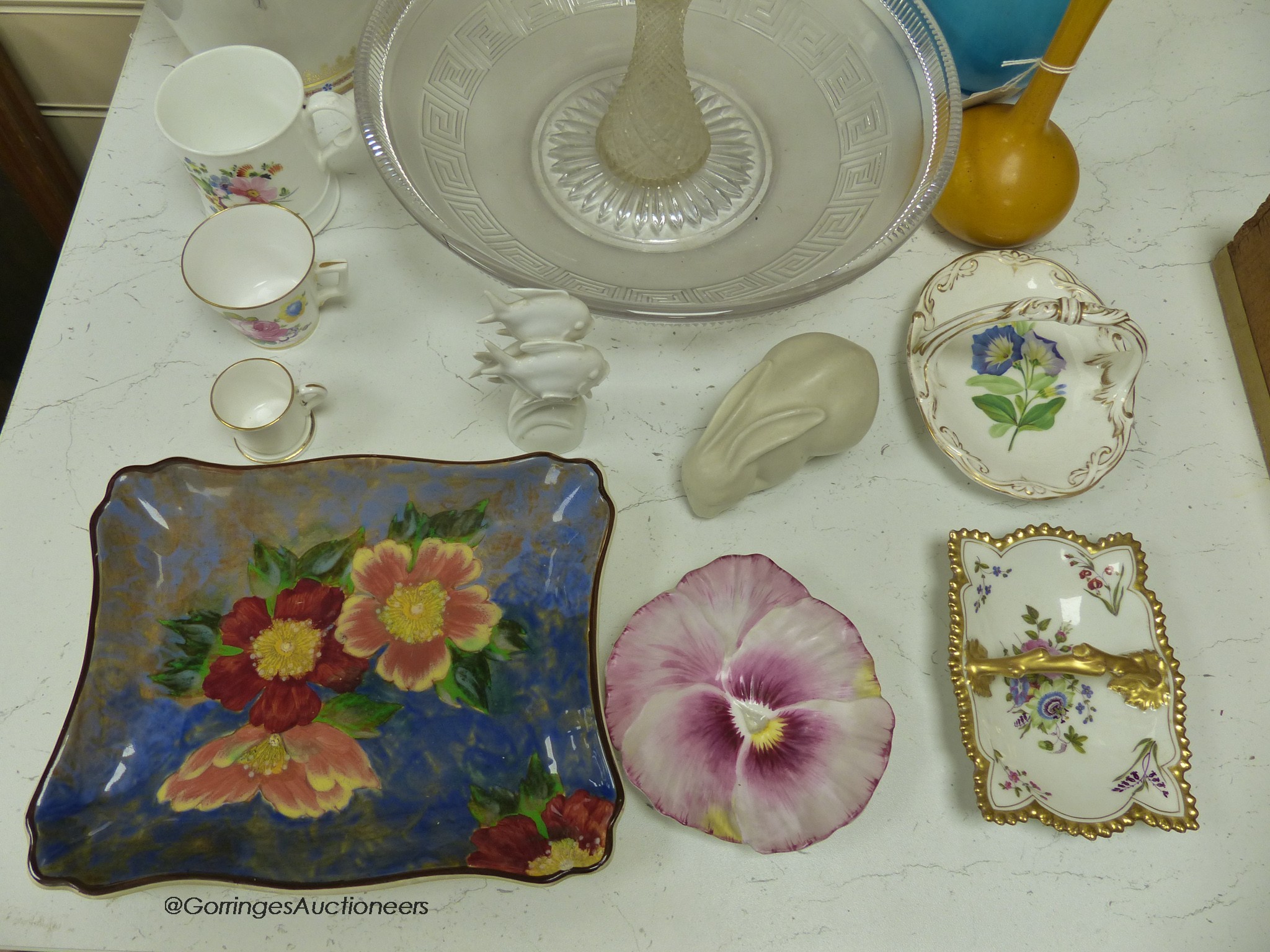 A collection of mixed European ceramics, including a Meissen white glaze model of fish, a glass dish and a vase